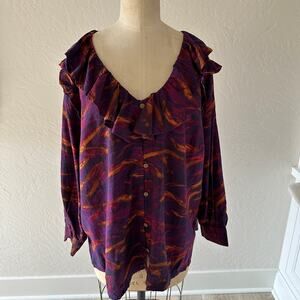 TERRA & SKY Womens 1X Watercolor Print Long Sleeve Ruffle Top New 16W-18W Wacky